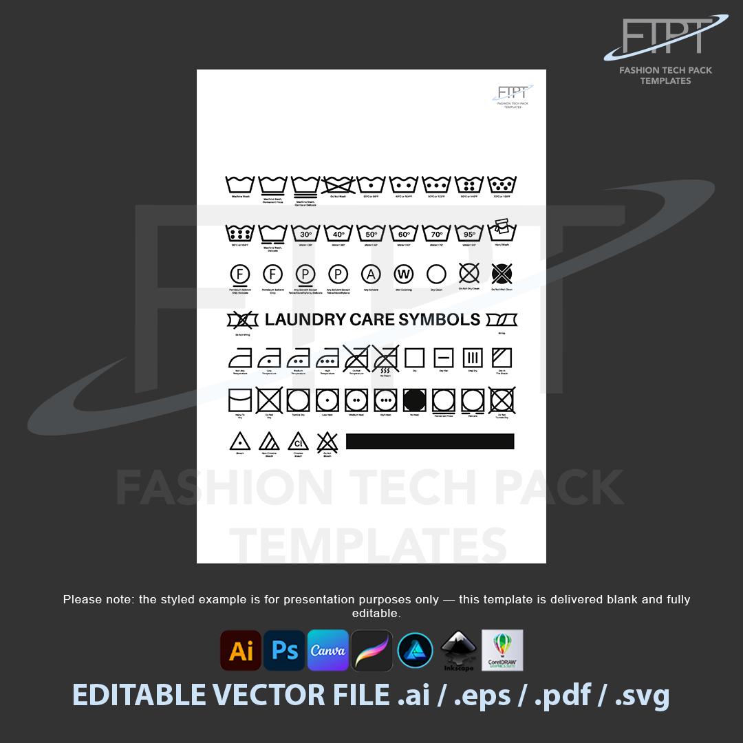 Wash Care Label Tech Pack Template: ISO Symbols, Fiber Content (vector ...