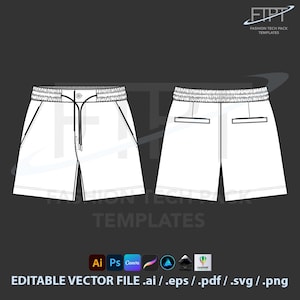 Peut inclure: Modèle technique de short blanc avec taille à cordon et poches, présenté de face et de dos. L'image comprend le texte "FASHION TECH PACK TEMPLATES" et "EDITABLE VECTOR FILE .ai / .eps / .pdf / .svg / .png".