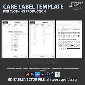 Puede incluir: Una plantilla de etiqueta de cuidado para la producción de ropa. El diseño incluye secciones para información de la marca, detalles de diseño y una hoja de comentarios. También presenta símbolos de cuidado de la ropa y está disponible como archivo vectorial editable.