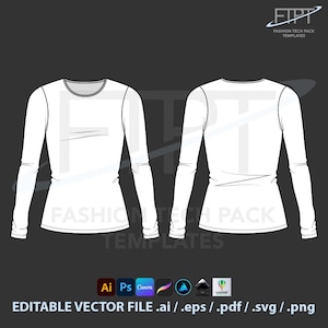 May include: A white long-sleeve shirt technical fashion template, front and back views, on a dark gray background. The image includes the text "FASHION TECH PACK TEMPLATES" and "EDITABLE VECTOR FILE .ai / .eps / .pdf / .svg / .png".