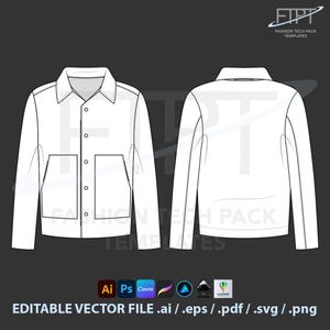 May include: A white jacket technical drawing, front and back views, featuring a collar, pockets, and button fastenings. The image includes the text "FASHION TECH PACK TEMPLATES" and "EDITABLE VECTOR FILE .ai / .eps / .pdf / .svg / .png".