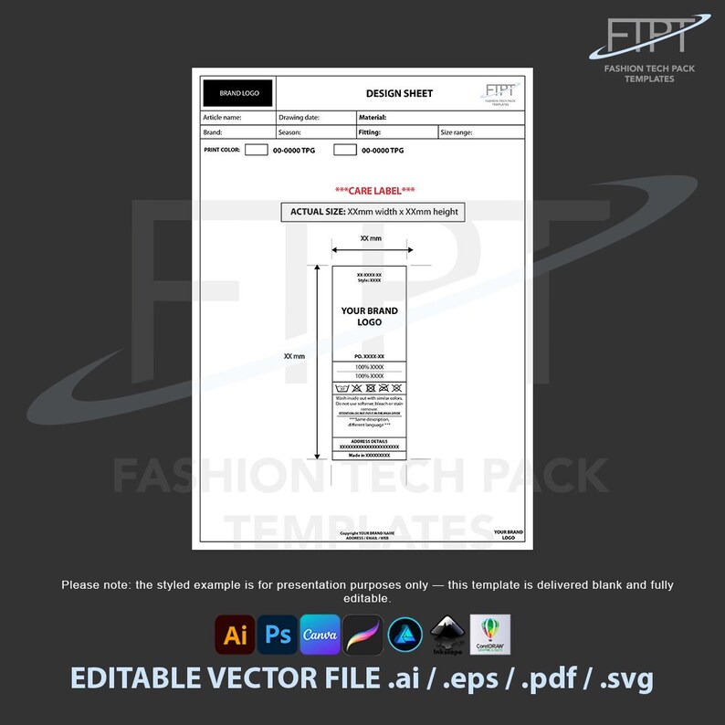 Wash Care Label Tech Pack Template: ISO Symbols, Fiber Content (vector ...
