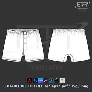 May include: White boxer shorts technical fashion template. The design features a button-fly front and an elastic waistband. The image includes the text "FASHION TECH PACK TEMPLATES" and "EDITABLE VECTOR FILE .ai / .eps / .pdf / .svg / .png".
