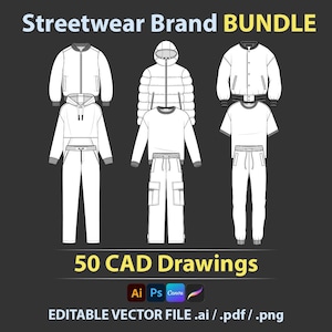 May include: A digital illustration showcasing a streetwear brand bundle. The image displays six clothing designs: jackets, hoodies, t-shirts, and sweatpants. The text "Streetwear Brand BUNDLE" is at the top. The image also includes the text "50 CAD Drawings" and "EDITABLE VECTOR FILE .ai / .pdf / .png".