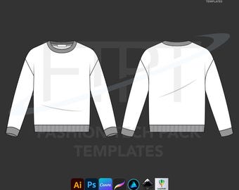 Unisex Crewneck Sweatshirt Mockup technische Zeichnung Vector CAD Tech Pack Vorlage (Ai, Eps, Pdf, Svg)