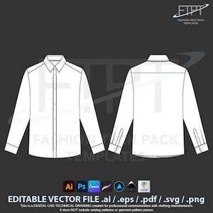 Button Down Shirt Tech Pack Template: Long Sleeve Oxford CAD (Digital Download)