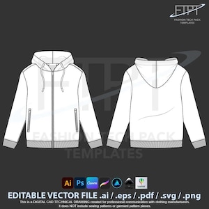 Mockup bluzy z kapturem na zamek szablon CAD unisex tech pack mody pobranie cyfrowe