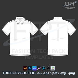 Könnte beinhalten: Technisches Mode-Template für ein weißes Poloshirt, Vorder- und Rückansicht, mit kurzen Ärmeln und Kragen. Das Bild enthält den Text "FASHION TECH PACK TEMPLATES" und "EDITABLE VECTOR FILE .ai / .eps / .pdf / .svg / .png".