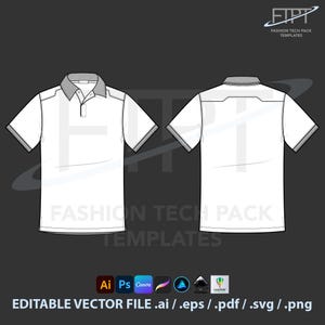 May include: A white polo shirt technical fashion template, front and back views, with gray collar and sleeve trim. The image includes the text "FASHION TECH PACK TEMPLATES" and "EDITABLE VECTOR FILE .ai / .eps / .pdf / .svg / .png".