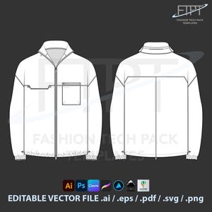 Peut inclure: Modèle technique de mode de veste blanche, vues avant et arrière. Comprend un col montant, une fermeture éclair et des poches. Comprend le texte "FASHION TECH PACK TEMPLATES" et "EDITABLE VECTOR FILE .ai / .eps / .pdf / .svg / .png".