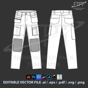May include: White technical pants template with multiple pockets and knee patches, front and back views. The image includes the text "FASHION TECH PACK TEMPLATES" and "EDITABLE VECTOR FILE .ai / .eps / .pdf / .svg / .png".
