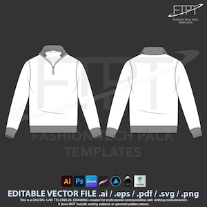 Quarter Zip Sweatshirt Mockup Tech Pack Template Vector Technical Drawing (ai, eps, pdf, svg)