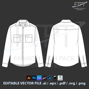 Pode incluir: Desenho técnico de uma camisa branca de manga comprida, vista frontal e traseira. Apresenta dois bolsos no peito, fecho de botões e punhos abotoados. A imagem inclui o texto "FASHION TECH PACK TEMPLATES" e "EDITABLE VECTOR FILE .ai / .eps / .pdf / .svg / .png."