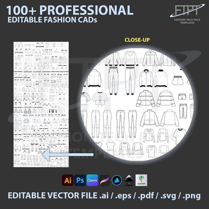 Fashion CAD Bundle Tech Pack Templates Editable Vector Mockup Pack Flat ...