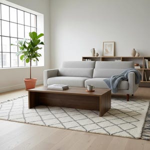 Op de afbeelding: Een moderne woonkamer met een lichtgrijze bank, een donkerbruine rechthoekige salontafel en een patroonkleed. Een plant in een pot en een houten boekenplank dragen bij aan de inrichting. Een blauwe deken is over de bank gedrapeerd.