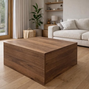 Table basse cube - Design bas en bois - Forme carrée ou rectangulaire - Plateau en marbre noir ou blanc, blanc, vert, beige, gris, motif bois