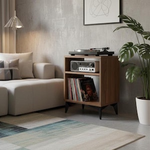 Supporto per giradischi con vano porta vinili, supporto per giradischi in legno massello, mobile portaoggetti per apparecchiature audio.