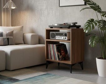 Soporte para tocadiscos con almacenamiento de vinilos, soporte de madera maciza para tocadiscos, gabinete para rack de audio