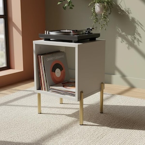 Modern record player stand with spacious vinyl storage below and a sturdy top surface for a turntable. Minimalist design made from solid wood, ideal for living room or music corner organization.