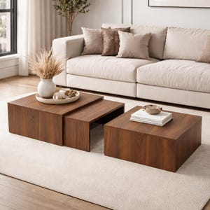 Wooden Nesting Table Set, Natural Oak or Walnut Look, Space Efficient Design