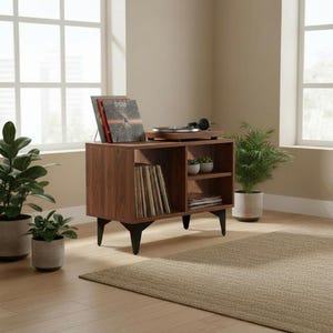 Puede incluir: Mueble tocadiscos de estilo moderno de mediados de siglo, de madera oscura con patas negras. Tiene un tocadiscos, discos de vinilo y estantes. Pequeñas plantas en macetas están en los estantes. Mide unos 100 cm de ancho.