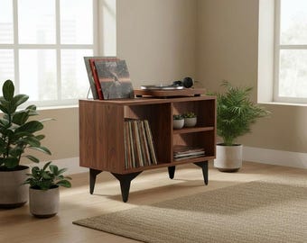 Plattenspieler Regal mit Schallplattenregal Holz, Moderner Schallplatten Schrank