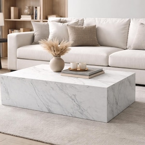 Cube Couchtisch – Niedriges Holzdesign – Quadratische oder rechteckige Form – schwarzer oder weißer Marmor, weiß, grün, beige, grau, Holzmusterplatte
