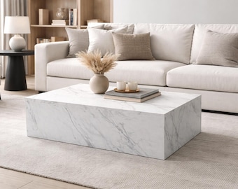 Tavolino da caffè a cubo – Design basso in legno – Forma quadrata o rettangolare – Piano in marmo nero o bianco, bianco, verde, beige, grigio o con motivo effetto legno