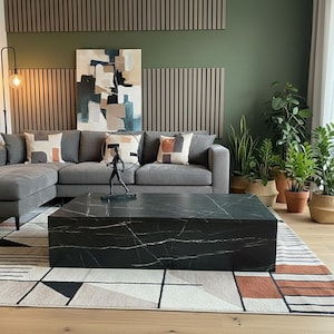 Cube Couchtisch – Niedriges Holzdesign – Quadratische oder rechteckige Form – schwarzer oder weißer Marmor, weiß, grün, beige, grau, Holzmusterplatte
