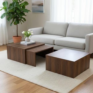May include: Three dark brown wooden coffee tables of varying sizes are arranged on a cream-colored rug. A light gray sofa is in the background. A potted plant and a vase of white flowers are on the tables.