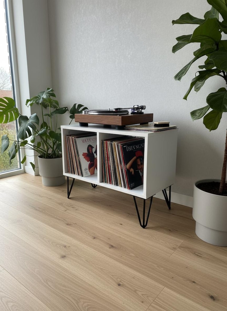 Modern record player stand with spacious vinyl storage below and a sturdy top surface for a turntable. Minimalist design made from solid wood, ideal for living room or music corner organization.