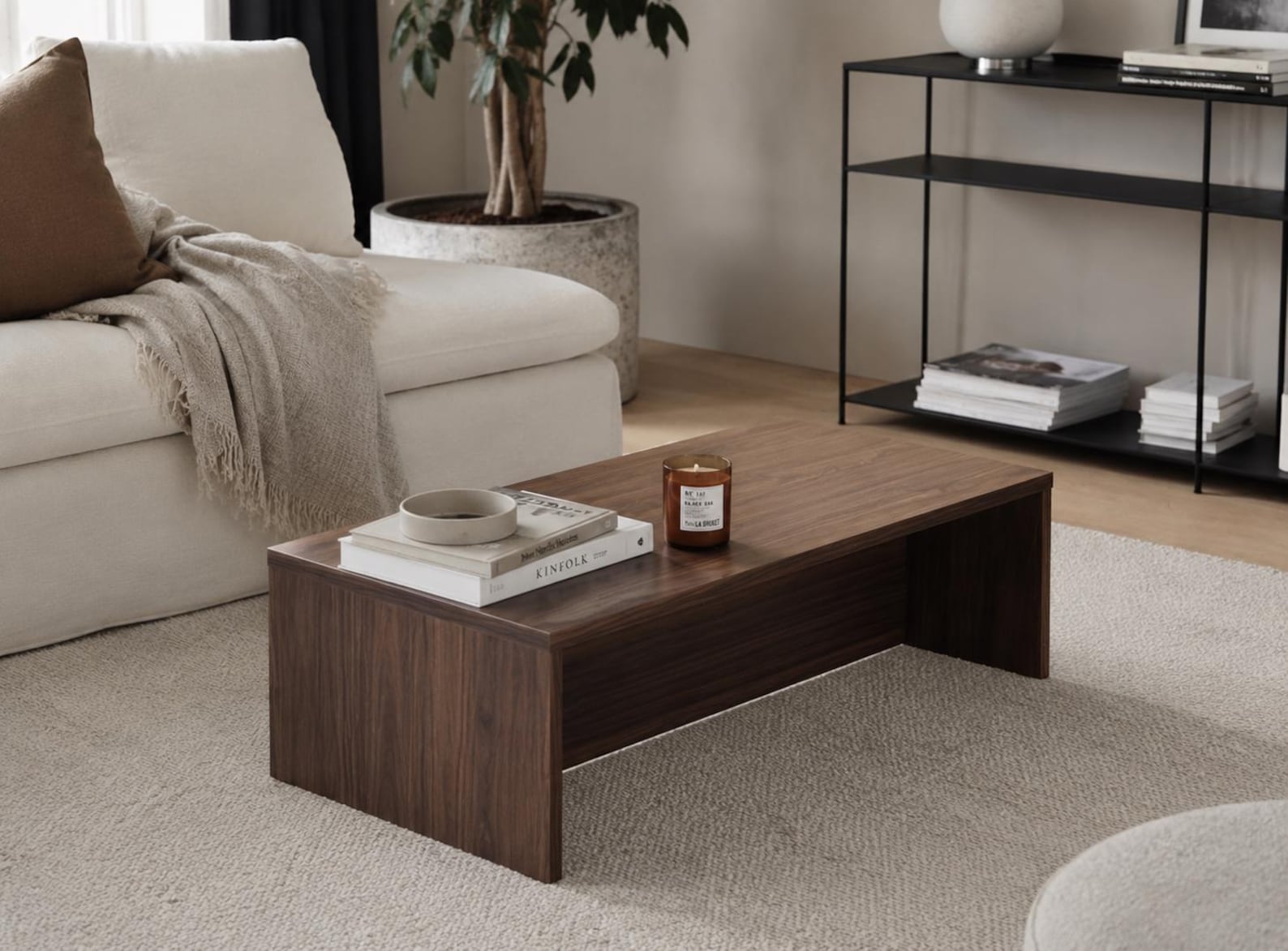 Low minimalist Japandi coffee table with open shelf