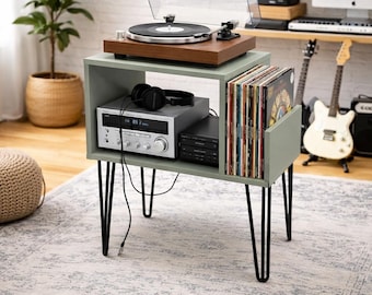Wood Vinyl Record Storage, Record Player Stand, Mid Century Audio Rack Cabinet