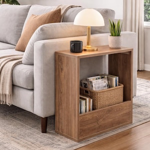 Mesa auxiliar estrecha con estante, acabado con patrón de madera, mesa compacta para espacios pequeños
