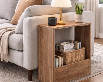 Narrow Side Table with Shelf, Wood Pattern Finish, Compact Table for Small Spaces
