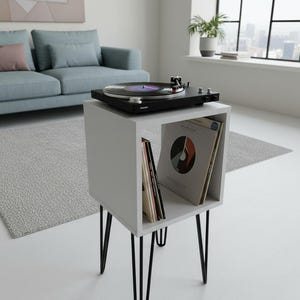 Modern record player stand with spacious vinyl storage below and a sturdy top surface for a turntable. Minimalist design made from solid wood, ideal for living room or music corner organization.