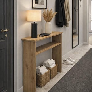 Tavolino da ingresso stretto con ripiano, consolle salvaspazio per corridoio, tavolo da parete minimalista