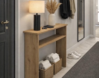 Smalle haltafel met plank, ruimtebesparende gangconsole, minimalistische wandtafel