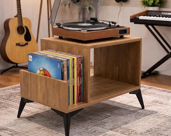 Soporte para tocadiscos con almacenamiento de vinilos, soporte de madera maciza para tocadiscos, gabinete para rack de audio