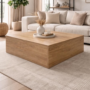 Cube Couchtisch – Niedriges Holzdesign – Quadratische oder rechteckige Form – schwarzer oder weißer Marmor, weiß, grün, beige, grau, Holzmusterplatte