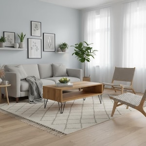 Könnte beinhalten: Ein lichtdurchflutetes Wohnzimmer mit einem grauen Sofa, einem Couchtisch aus Holz und gewebten Stühlen. Der Raum verfügt über einen gemusterten Teppich, gerahmte Kunstwerke und eine große Topfpflanze. Transparente weiße Vorhänge filtern das natürliche Licht.