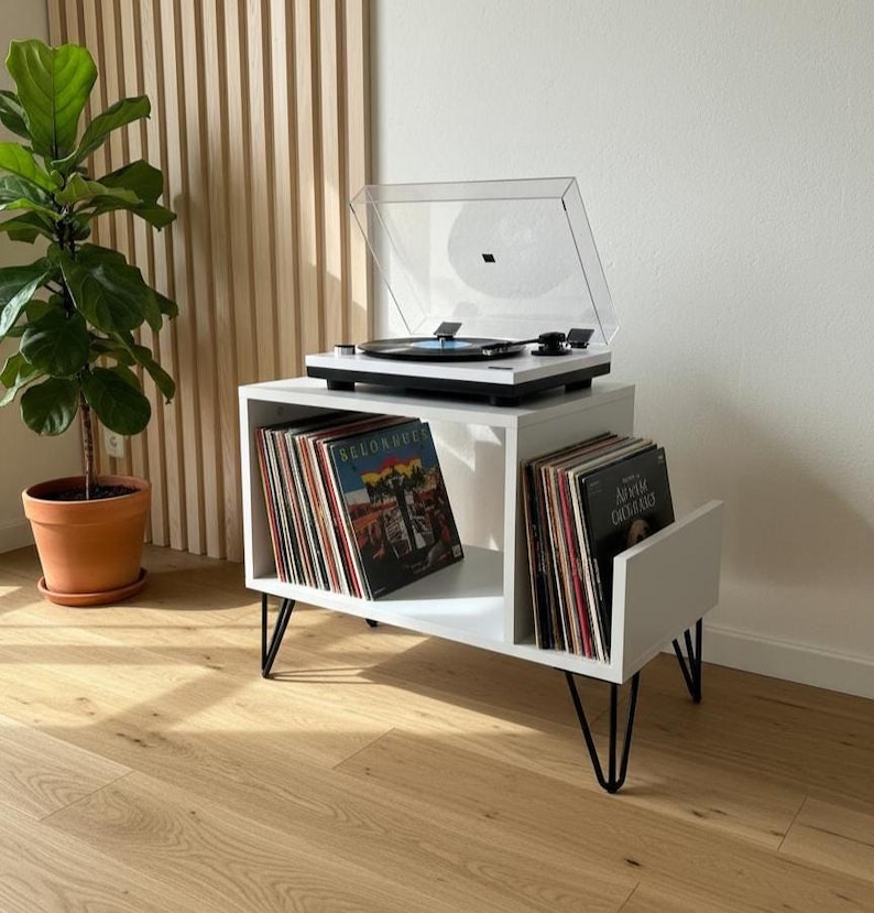 Modern record player stand with spacious vinyl storage below and a sturdy top surface for a turntable. Minimalist design made from solid wood, ideal for living room or music corner organization.
