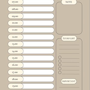 Op de afbeelding: Een beige dagplanner met een gestructureerde lay-out. Het heeft secties voor tijdvakken van 07:00 tot 21:00 uur, een takenlijst, notities en een belangrijk gedeelte. De planner bevat de tekst "Daily Planner" en "PrintsAnPlans".