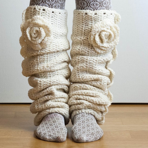 CROCHET PATTERN instant download - Seven League  Leg Warmers - snow white ruffled long creamy unique leggings flower tutorial PDF