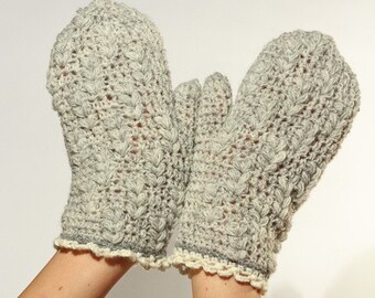 CROCHET PATTERN instant download - Raise Snowflakes Gloves - warm grey gray wool mittens