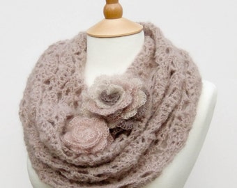 CROCHET PATTERN instant download - Flower Gale Cowl - lilac purple gray creamy lace mohair rose neck warmer tutorial PDF