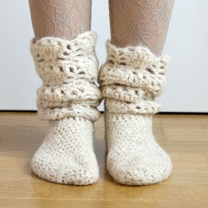 CROCHET PATTERN instant download - Tread Softly Socks - ivory white cozy holiday lace stockings tutorial PDF