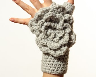 CROCHET PATTERN instant download - Winter Waterfall Gloves - gray fingerless mittens with large rose tutorial PDF