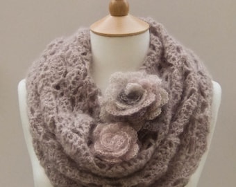 CROCHET PATTERN instant download - Flower Gale Cowl - lilac purple gray creamy lace mohair rose neck warmer tutorial PDF