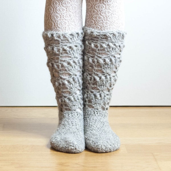 CROCHET PATTERN instant download - Tread Softly Socks - lace grey gray pretty lady santa warm stockings tutorial PDF